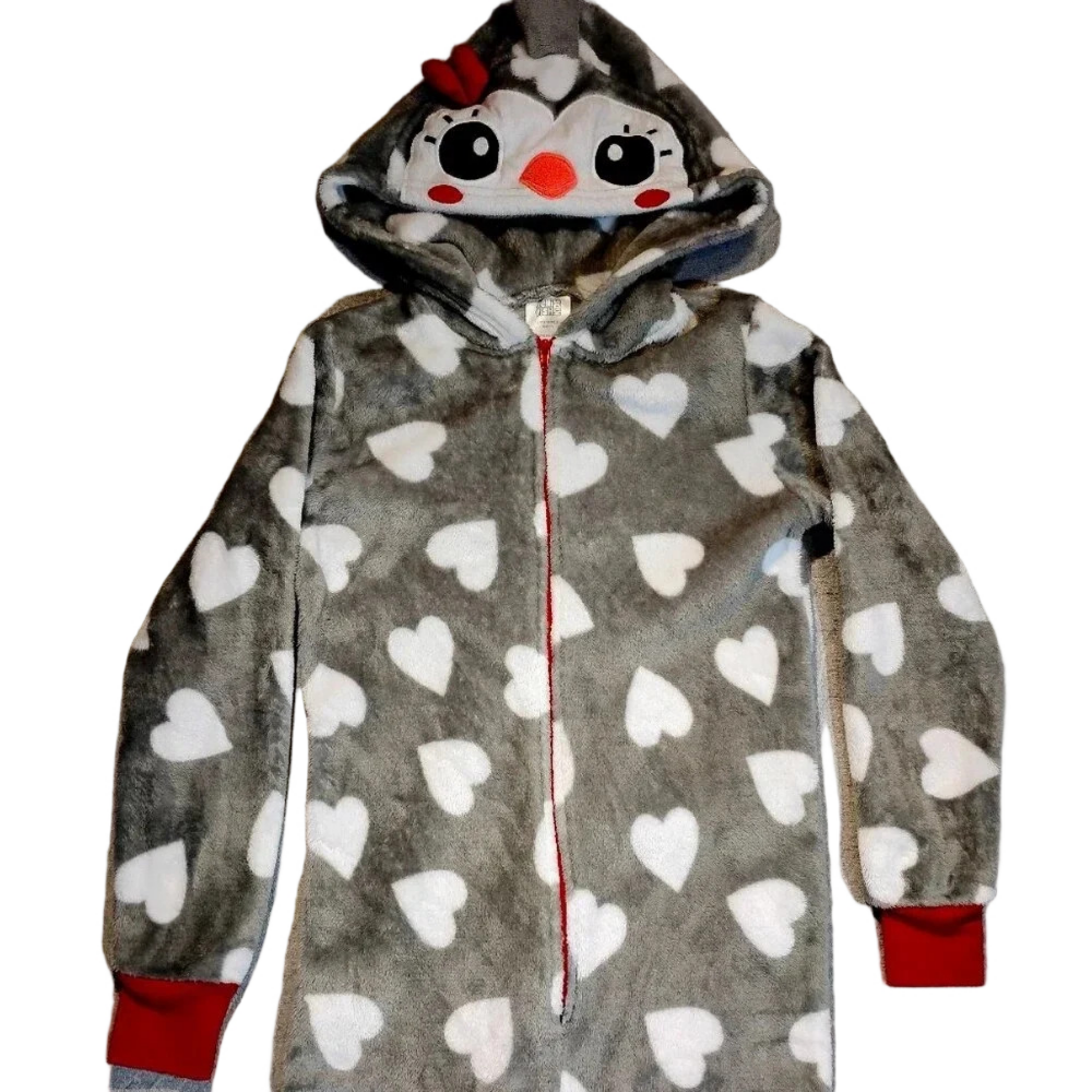 JelliFish Kids Gray Plush Turkey Hooded Onesie with White  Hearts in Size M 7-8